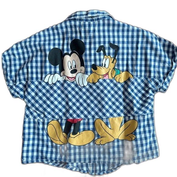 Zara-Disney Junior Girls Size 11/12 Blue/White Checkered Button-Up Tie-Up Shirt - Picture 4 of 8